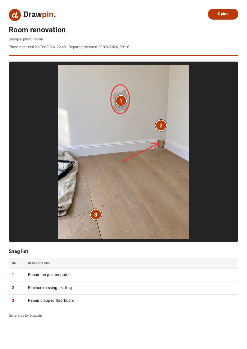 A Drawpin PDF snag report with a marked-up room photo and a numbered list of three snags