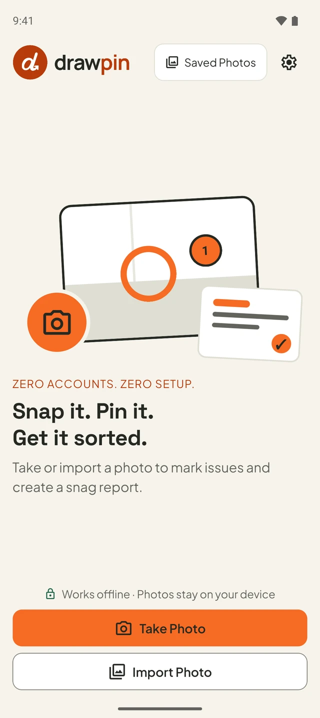 Drawpin landing screen with Take Photo and Import Photo actions
